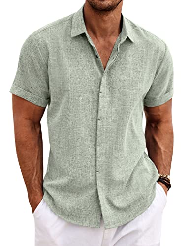 COOFANDY Herren-Leinenhemden, kurzärmelig, Freizeithemden, Button-Down-Hemd für Herren, Strand, Sommer, Hochzeitshemd, Hellgrün, XL von COOFANDY