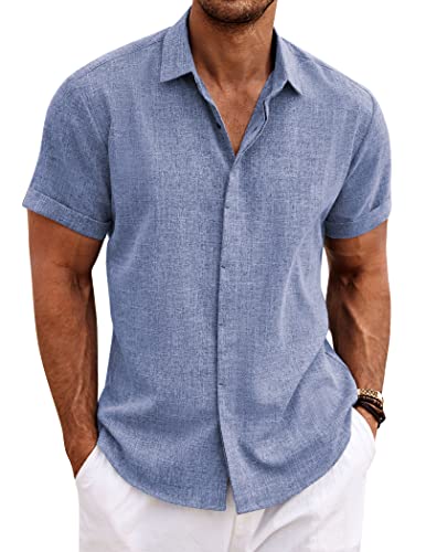 COOFANDY Herren-Leinenhemden, kurzärmelig, Freizeithemden, Button-Down-Hemd für Herren, Strand, Sommer, Hochzeitshemd, Denim Blau, L von COOFANDY