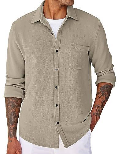 COOFANDY Herren Casual Shirt Shacket Langarm Strukturierte Button Down Shirts Leichte Jacke, Khaki, Mittel von COOFANDY