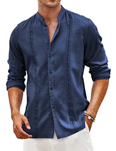 COOFANDY Herren Cuban Guayabera Shirts Leinen Casual Langarm Button Down Shirt Band Kragen Sommer Strand Tops, Marineblau, Mittel von COOFANDY