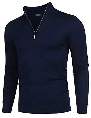 COOFANDY Herren Feinstrickpullover Rollkragen Pullover 1/4 Zip Neck Langarmshirt Feinstrick Sweater Arbeitspullover Freizeit Männerpoloshirt Herren Langarm Navy Blau L von COOFANDY