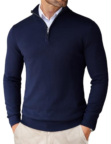 COOFANDY Herren Feinstrickpullover Rollkragen Pullover 1/4 Zip Neck Langarmshirt Feinstrick Sweater Arbeitspullover Freizeit Männerpoloshirt Herren Langarm Navy Blau S von COOFANDY