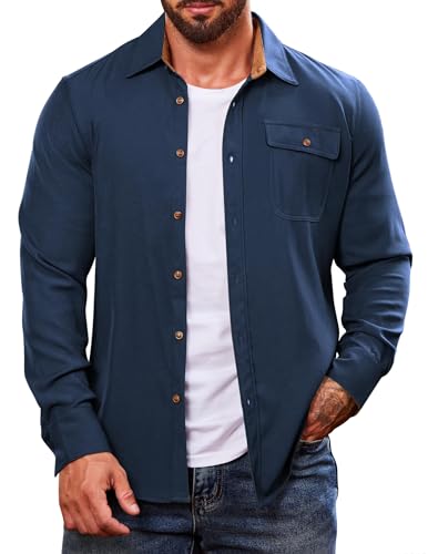 COOFANDY Herren Flanellhemden Langarm Casual Button Down Holzfällerhemd Einfarbiges Hemd Blau XL von COOFANDY