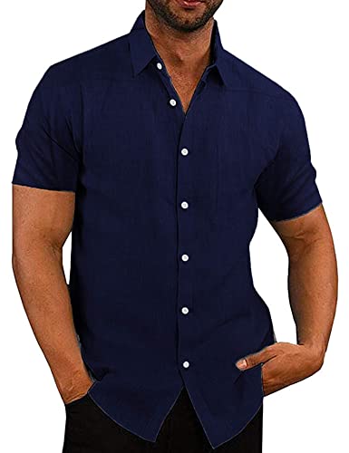 COOFANDY Hemden Herren Kurzarm Leinenhemd Freizeithemd Kurzarmhemd Businesshemd Sommer Hemden Männer Regular Fit Einfarbig Basic Men´s Shirt Dunkelblau S von COOFANDY