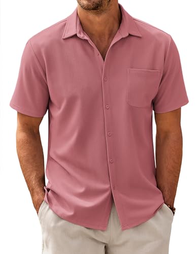 COOFANDY Herren Freizeithemd Kurzarm Klassisches Hemden mit Tasche Casual Kent Kragen Textured Hemd Stretch Shirt Elastisch Fashion Rosa XXL von COOFANDY