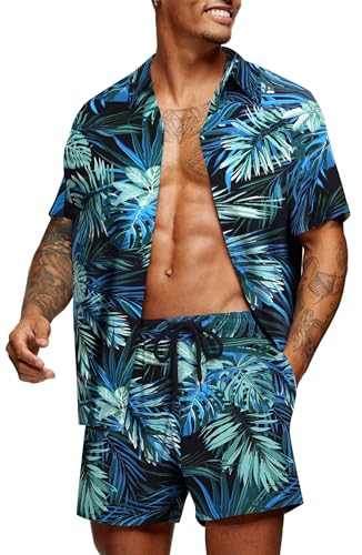 COOFANDY Herren Funky Floral Hawaiihemd Strandurlaub Tropisches Blatt-Shirt Blau Grün s von COOFANDY