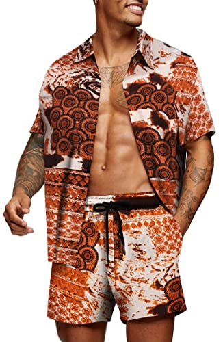 COOFANDY Herren Hawaii Hemd Shorts Set Blumen Sommer Outfit Hawaiihemd Kurzarm Shirt Kostüm Hawaii-Print Strandhemd PAT18 L von COOFANDY