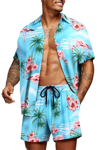 COOFANDY Herren Hawaii Hemd Sommer Set Flamingo Blumenmuster Hawaiihemd Kostüm Party Outfit Kurzarm Sommer PAT27 XL von COOFANDY