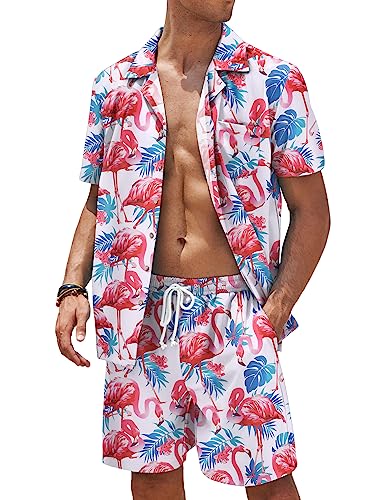 COOFANDY Herren-Hawaii-Hemd und Shorts, 2-teiliges Urlaubs-Outfits, florales Button-Down-Shirt, Flamingo, X-Large von COOFANDY