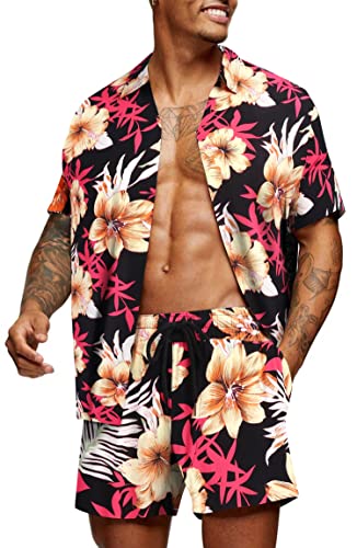 COOFANDY Herren Hawaii-Set Lässiges Hemd mit Blumendruck Sommerhemd und Shorts,PAT26,M von COOFANDY