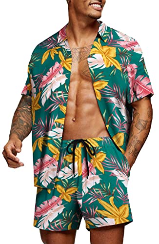 COOFANDY Herren Hawaii-Set Sommer Strand 2 Stück Outfits Blumen Hemden und Shorts, Olivgrün, Medium von COOFANDY