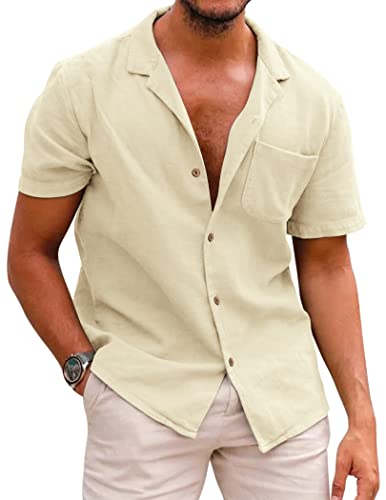 COOFANDY Herren Hawaiianische Blumen Hemden Baumwolle Leinen Button Down Tropical Holiday Beach Shirts, A - helles Khaki, Groß von COOFANDY