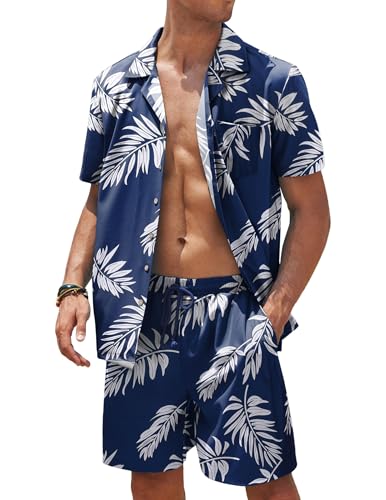 COOFANDY Herren Hawaiihemd Freizeit Sommer Outfit Kurzarm Festival Strand Tropical Party Hemd und Hose Palmblatt Blau und Weiß XXL von COOFANDY