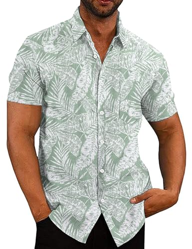 COOFANDY Herren Hawaiihemd Kurzarm Leinenhemd Strandhemd Hawaii Hemd Männer Sommer Shirt Blumenmuster Kurzarmhemd Hawaii-Print Hemd Strand Grüne Palmblätter 2XL von COOFANDY