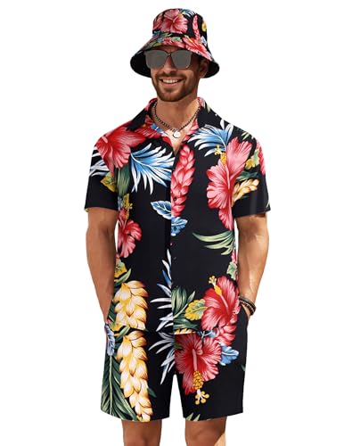 COOFANDY Herren Hawaiihemd und Kurze Set Blume 2 Teile Strand Outfit mit Fischerhüten, Dunkelblau / Rot, XX-Large von COOFANDY