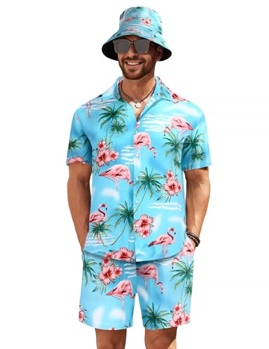 COOFANDY Herren Hawaiihemd und Kurzes Set Blumen 2-teiliges Strandoutfit mit Fischerhüten, Blauer Himmel Flamingo, Klein von COOFANDY