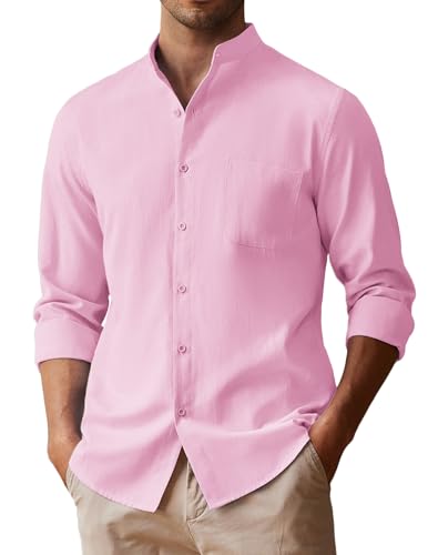 COOFANDY Herren-Hemd, langärmelig, Oxford-Hemd, Bandkragen, Button-Down-Shirt, Sommer, Strand, Pink, XX-Large von COOFANDY