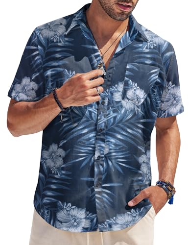 COOFANDY Herren Hemd Kurzarm Hawaii Hemd Männer Sommerhemd Aloha Shirts Strandhemd Kurzarmhemd Tropische Hemden Blumen Baumwolle Regular Fit Faltenfrei Blaue & weiße Blätter M von COOFANDY