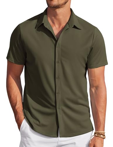 COOFANDY Kurzarmhemd Herren Bügelfrei Hawaii Casual Freizeithemden Für Herren Sommer Outfit Button Down Einfarbig Hemden Armeegrün XXL von COOFANDY