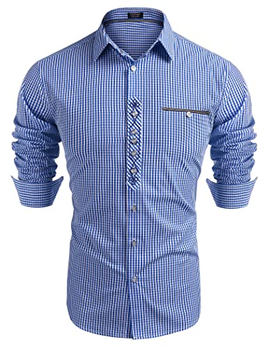 COOFANDY Herren Hemd Karriert Oktoberfest Trachtenhemd Regular Fit Plaid Hemden Freizeit Karohemden Oberteil Baumwolle für Männer Bayrisches Hemd Himmelblau 2XL von COOFANDY