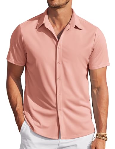 COOFANDY Herren Hemden Kurzarm Bügelfrei Casual Freizeithemden für Männer Sommer Strand Shirt Einfarbig Urlaub Hemden Orange Rosa XXL von COOFANDY