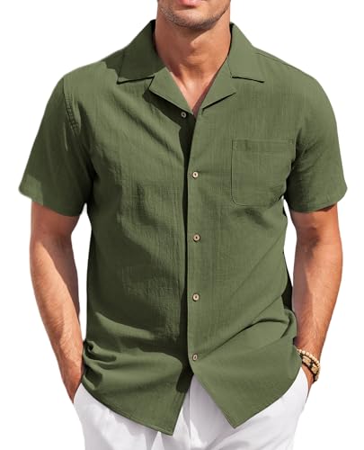 COOFANDY Herren Hemd Kurzarm Freizeithemd Sommerhemd Leinenhemd Casual Regular Fit Shirt Strand Baumwolle Kurzarmhemd mit Tasche Armeegrün S von COOFANDY