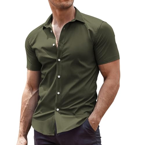 COOFANDY Herren Hemd Kurzarm Freizeithemden Businesshemden für Herren Sommerhemd Bügelfrei Kurzarmhemd Baumwolle Elastiscer Button Down Hemd Olivgrün 3XL von COOFANDY