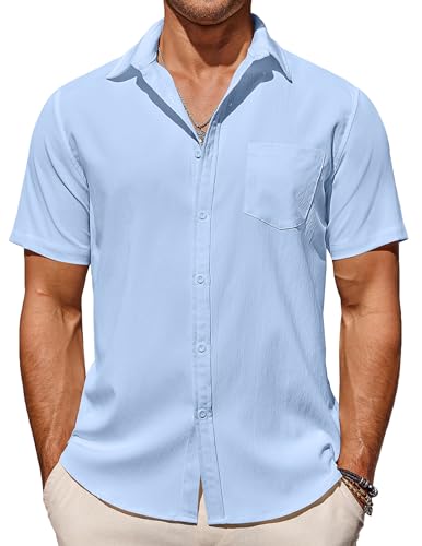 COOFANDY Herren Hemd Kurzarm Freizeithemden Sommer Hemd Kurzarmhemd Herrenhemden Kurzarm Strandhemden Sommer Shirt Basic T-Shirts für Herren Knitterfrei Himmelblau XXL von COOFANDY