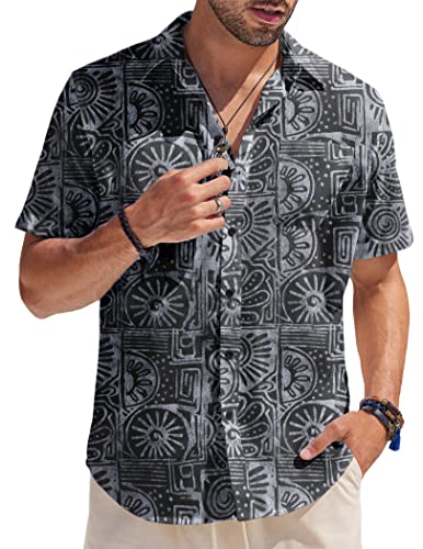 COOFANDY Herren Hemd Kurzarm Hawaii Hemden Sommer Baumwolle Hemd Freizeit Strand Hemd Casual Florales Hemd Aloha Shirt Blumen Shirt Urlaub Mittelgraues Textil 3XL von COOFANDY