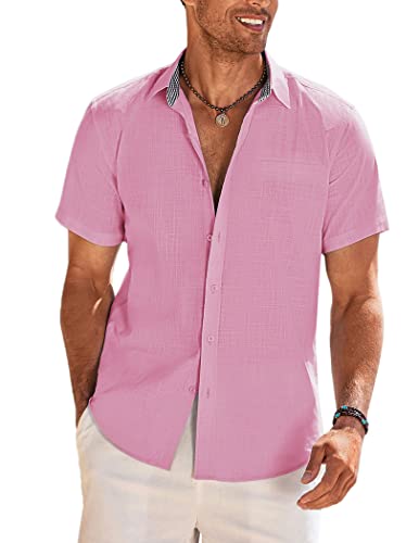 COOFANDY Herren Hemd Kurzarm Leichtes Sommerhemd Regular Fit Baumwolle Leinen Kurzarm Herrenhemden Freizeithemd Rosa XL von COOFANDY