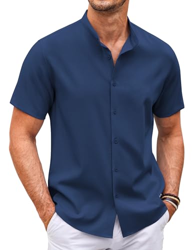 COOFANDY Herren Hemd Kurzarm Leinenhemd Kurzarmhemd Slim Fit Stehkragenhemd Sommer Strandhemd Ohne Kragen Kragenloses Herrenhemd Kurz Navyblau M von COOFANDY