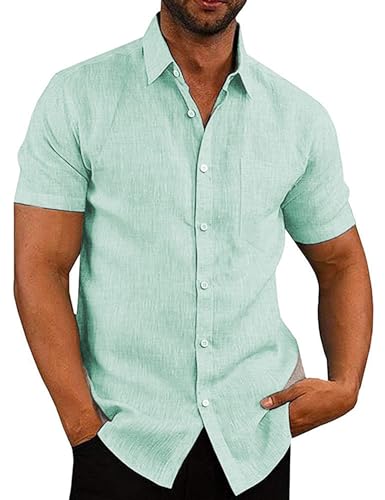 COOFANDY Herren Hemd Kurzarm Leinenhemd Sommer Einfarbig Basic Freizeithemd Slim fit Hemden Leinen Shirts Baumwolle Urlaub Grün S von COOFANDY