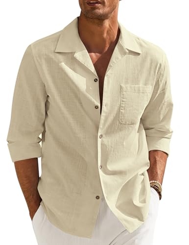 COOFANDY Herren Hemd Langarm Baumwolle Leinenhemd Sommer Strand Hemd Freizeithemd Men's Casual Shirts Regular Fit Hellkhaki S von COOFANDY