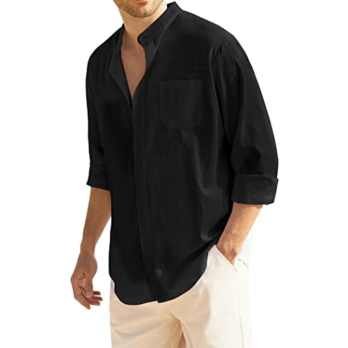 COOFANDY Herren Hemd Langarm Freizeit Leinenhemd Sommer Casual Hemd Mit Stehkragen Leinen Shirts Schwarz S von COOFANDY