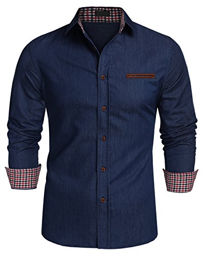 COOFANDY Herren Hemd Langarm Jeanshemd Cowboy Hemd Denim Shirt Freizeithemden für Männer Dunkelblau XXL von COOFANDY