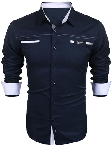 COOFANDY Herren Hemd Langarm Shirt Langarmhemd Freizeit Hemd Männer Kent-Kragen Business Casual Hemd mit Brusttasche Dunkel Blau M von COOFANDY