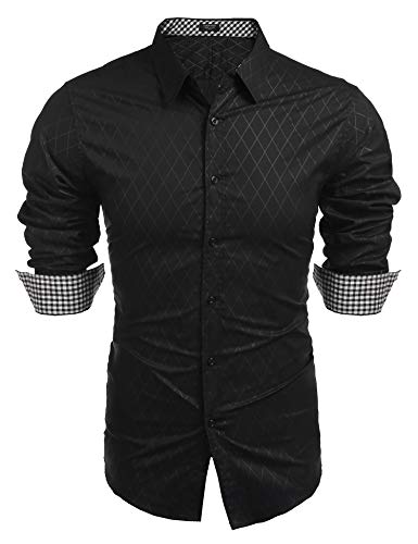 COOFANDY Herren Hemd Langarm Slim Fit Freizeithemd Diamant Muster Karohemd Business Hemd Party Hemden Modern Männer Klassisch Hemden Langarmhemd,2-Schwarz,3XL von COOFANDY