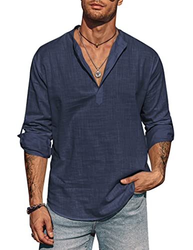 COOFANDY Herren Hemd Stehkragen Langarm Leinenshirt Henley Kragen Regular Fit Freizeit Basic Sommer Leinenhemd Marine Blau XL von COOFANDY