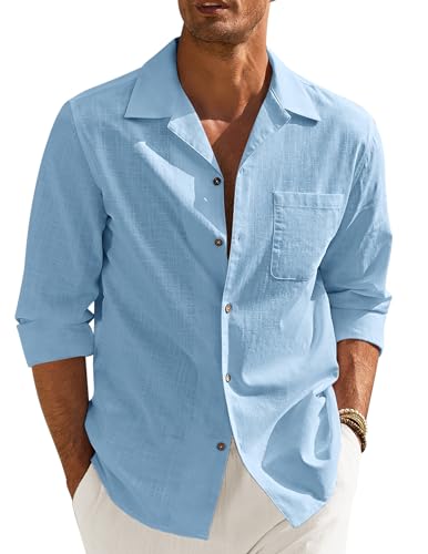 COOFANDY Herren Hemd mit Kubanischem Kragen Langarm Baumwolle Leinenhemd Regular Fit Casual Shirt Party Hemd Strand Hawaii Hemd Freizeithemd mit Brusttasche Hellblau M von COOFANDY