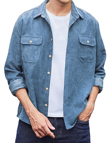 COOFANDY C Herren Hemden Cordhemd Leichte Jacke Button Down Cord Shirt Freizeithemd mit Klappentasche Hemdjacke Blau M von COOFANDY