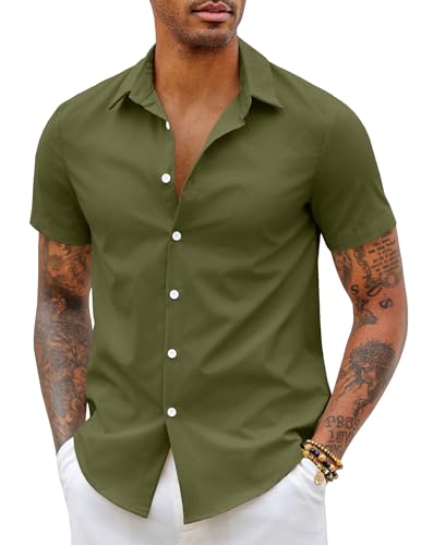 COOFANDY Herren Hemden Kurzarm Business Hemd Slim Fit Wrinkle Free Hemd Sommer Freizeithemd Einfarbig Basic Shirt Oberteile Männer Modern Armeegrün 2XL von COOFANDY