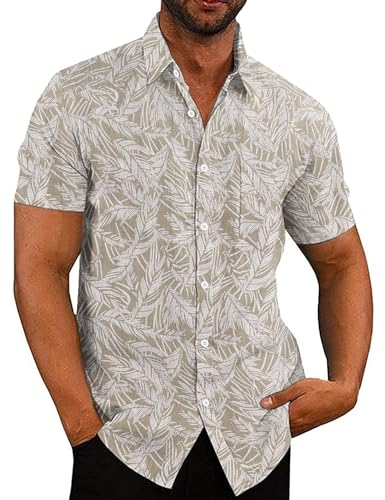 COOFANDY Herren Hemden Kurzarm Hawaii Hemd Männer Leinen Leichtes Sommerhemd Leinenhemd Kurzarm Sommer Strand Hemd Blumenmuster Kurzarm Hawaiihemd Braune Palmblätter 2XL von COOFANDY