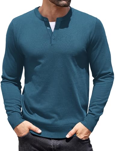 COOFANDY Herren Henleykragen Feinstrick Pullover Basic Langarm Strickpullover Einfarbig Casual Langarmshirt Blau XL COOFANDY Herren Henleykragen Feinstrick Pullover Basic Langarm Strickpullover Einfarbig Casual Langarmshirt Blau XL von COOFANDY