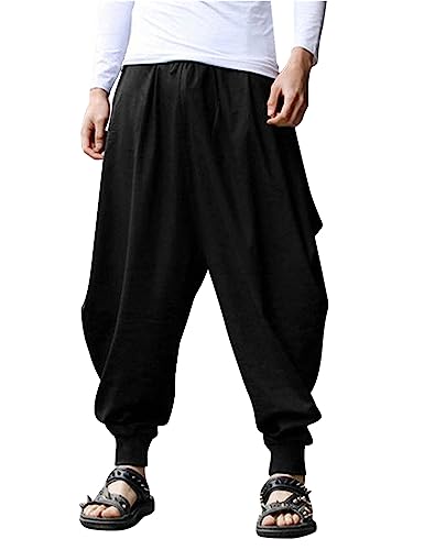 COOFANDY Herren Hippie Haremshose Baggy Leinen Boho Yoga Casual Drop Crotch Hose, Schwarz, Groß von COOFANDY