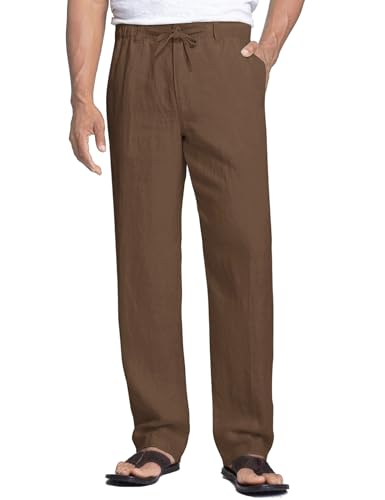 COOFANDY Herren Hose Lange Leinenhose mit Kordelzug Leicht Sommerhose Baumwoll Strandhose Freizeithose Stoffhose Gummibund Herrenhose Lässige Dunkler Kaffee 3XL von COOFANDY