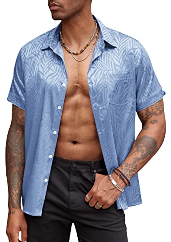 COOFANDY Herren Jacquard Satin Button Down Shirts Kurzarm Seide Shirts Casual Sommer Strand Shirt, 02 Sky Blue, L von COOFANDY