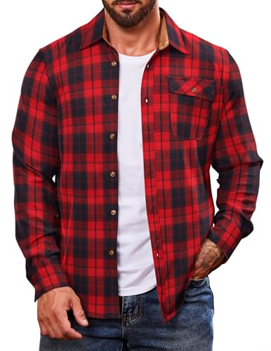 COOFANDY Herren Kariertes Hemd Jacke Knopfleiste Langarm Hemden Western Arbeitshemden, Rotes Karomuster, Klein von COOFANDY