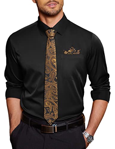 COOFANDY Herren Kleid Hemd mit passender Krawatte und Taschentuch Sets Popeline Hemd, Black, XX-Large von COOFANDY