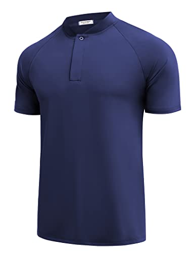 COOFANDY Herren Kragenlose Golf Poloshirts Schnell Trocknen Poloshirts Kurzarm Henley Shirt Active Striped Polo Sport, Tiefblau-einfarbig, XL von COOFANDY