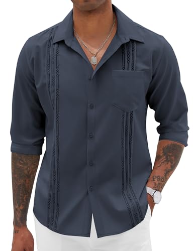 COOFANDY Herren Kubanische Guayabera Shirts Casual Button Down Langarm Strand Hemd, Marineblau, XL von COOFANDY